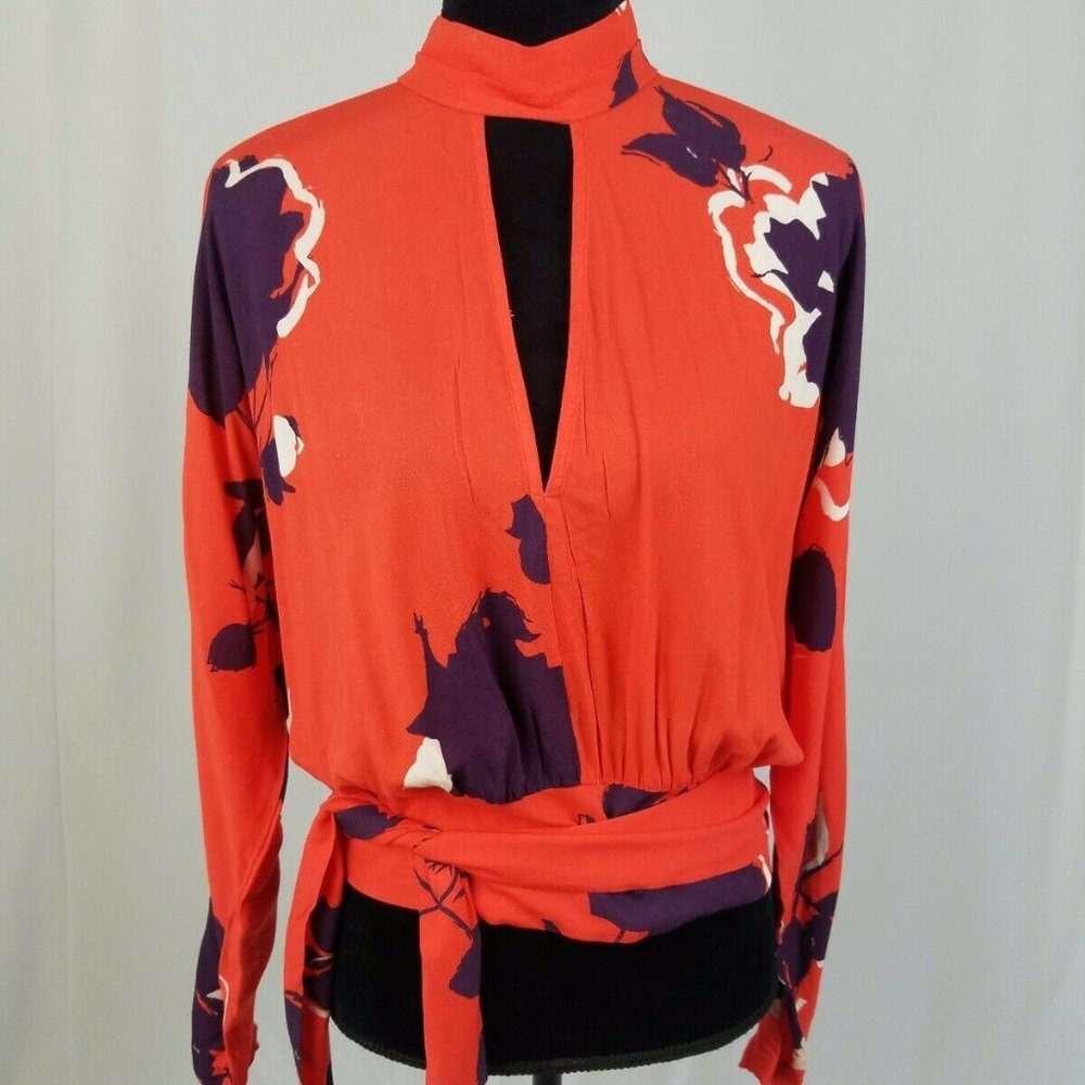 Free People women PS orange "Say You Love Me" floral top long sleeve, mock neck